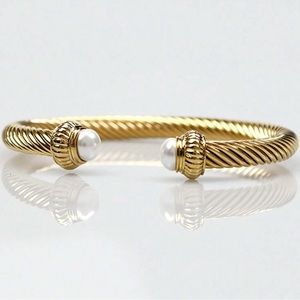 Bracelet ,Stainless steel cable wire Cuff bangle with imitation pearls ends
